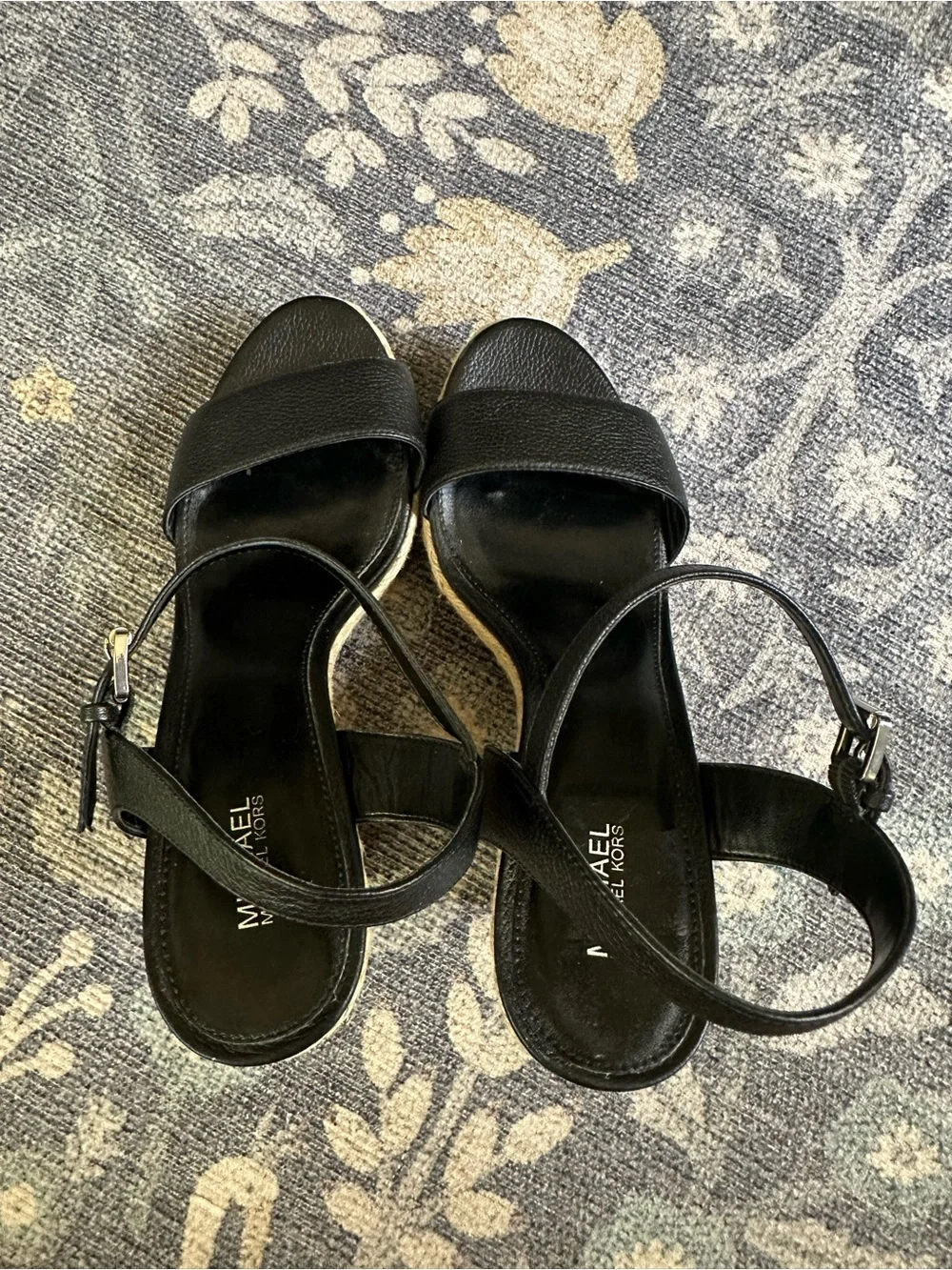 Michael Michael Kors Black Leather Espadrille Platform Wedge Sandals Size 8.5